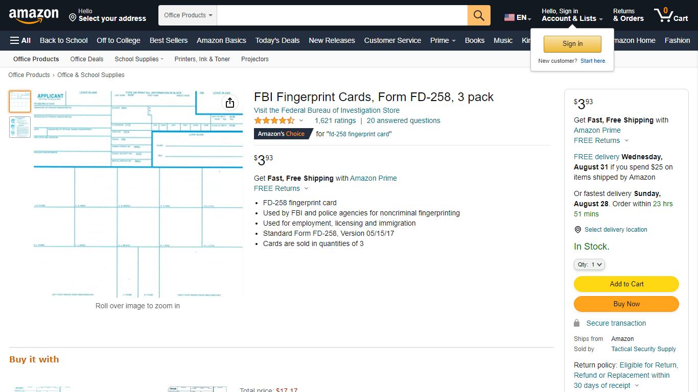 FBI Fingerprint Cards, Form FD-258, 3 pack - amazon.com