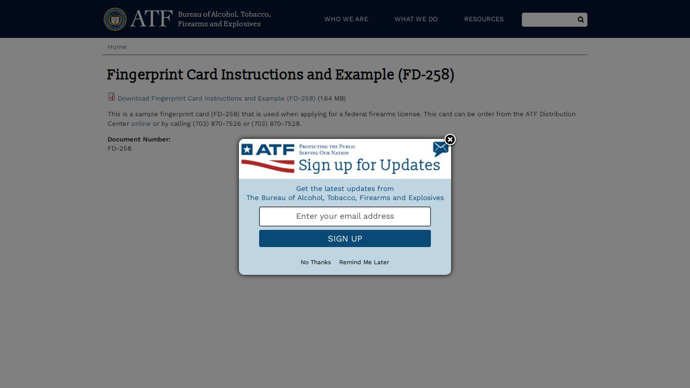 Fingerprint Card Instructions and Example (FD-258)